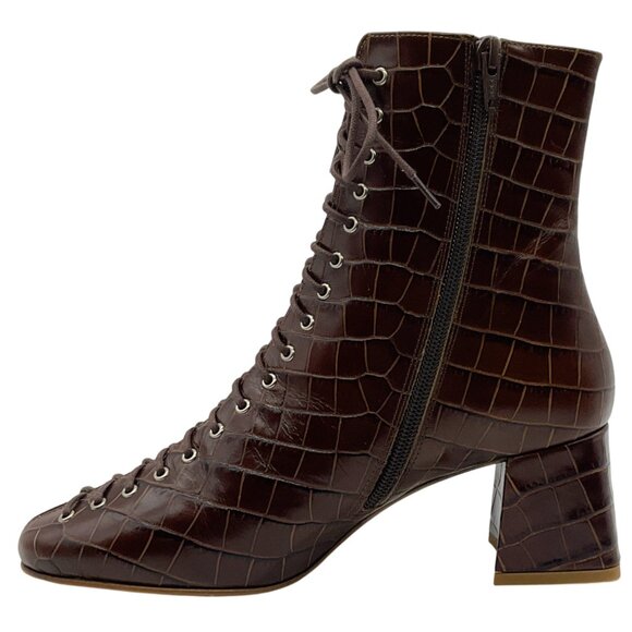 By Far Brown Croc Embossed Leather Becca Lace Up Booties - Picture 3 of 6